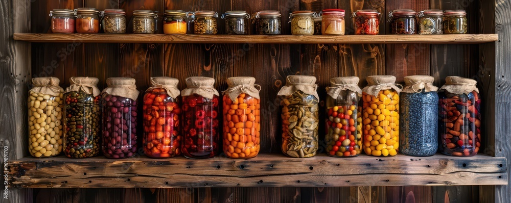 Rustic wooden shelves displaying various colorful jars of preserved and pickled foods. Rustic wooden shelves displaying various colorful jars of preserved and pickled foods.