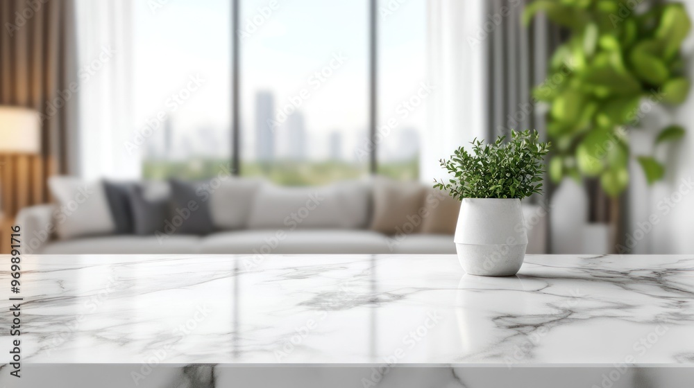 White Marble Tabletop with a Green Plant in a White Pot White Marble Tabletop with a Green Plant in a White Pot