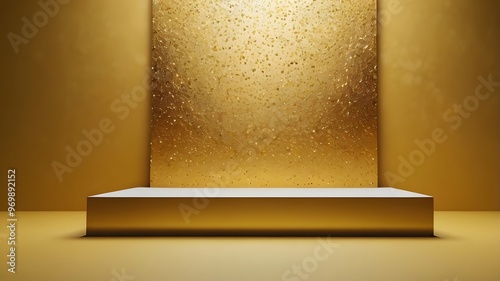 Gold podium with spotlight for product display with golden luxury background, copy space