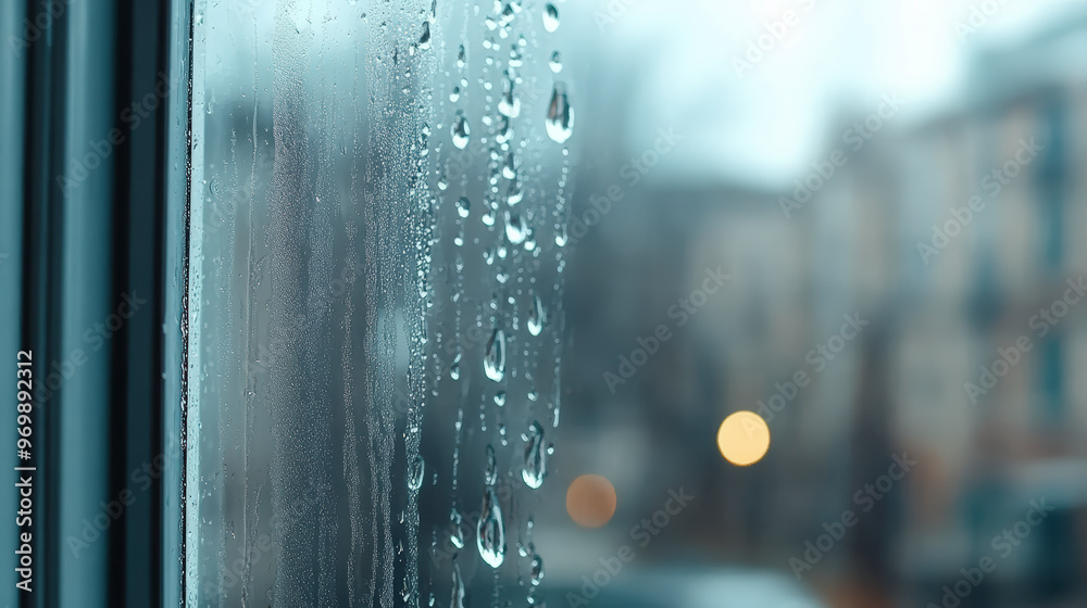 Raindrops trail down a window, blurring the view of buildings and distant lights in the misty, rainy atmosphere outside. Raindrops trail down a window, blurring the view of buildings and distant lights in the misty, rainy atmosphere outside.