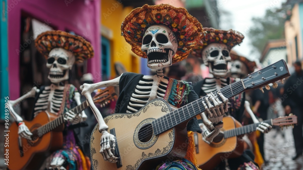 Fototapeta premium Skeletons Playing Guitars During Day of the Dead Celebrations