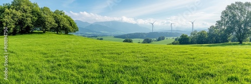 in the springtime, a sunny day in farmland with fields in the foreground and wind turbines in the distance, covered with sporadic clouds