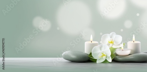 Zen Stones with Orchid and Candle on Spa Table, Gray and Green Background for Massage Salon Design Template, Beauty Treatment Concept