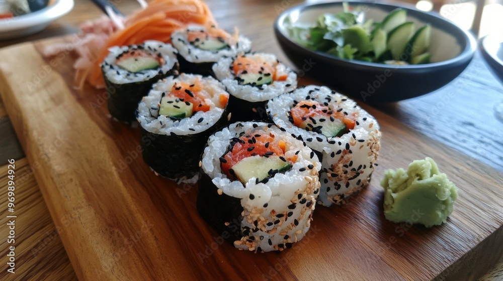 A Close-Up of Delicious Salmon Sushi Rolls on a Wooden Board, Sushi, Salmon, Japanese Food A Close-Up of Delicious Salmon Sushi Rolls on a Wooden Board, Sushi, Salmon, Japanese Food