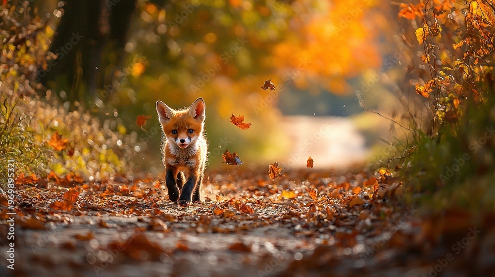 Fototapeta premium Red fox amidst forest, leaves dotting ground, butterflies soaring sky