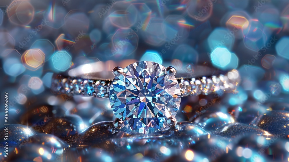 Diamond engagement ring on sparkling blue surface with bokeh background. Jewelry and luxury concept.