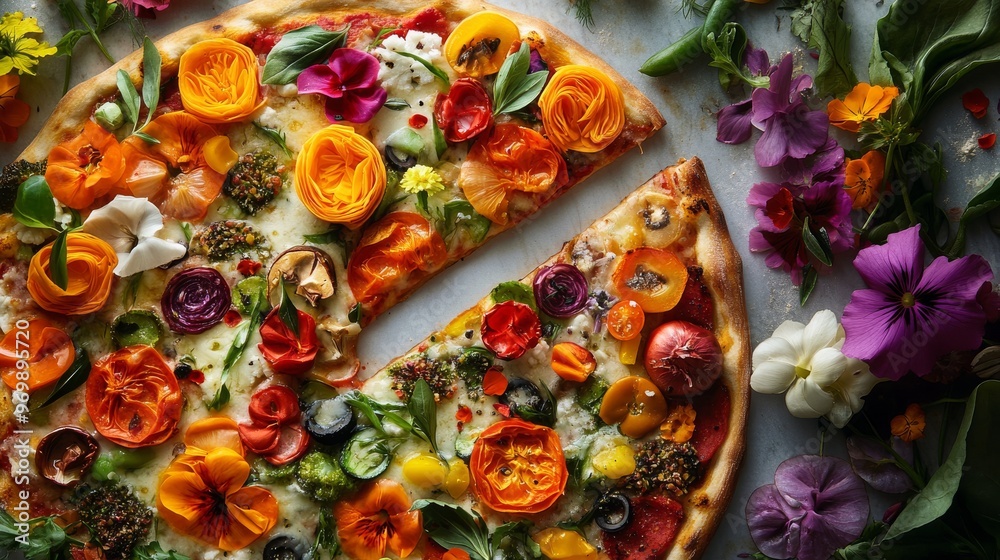 Fototapeta premium A Floral Symphony A Pizza Topped With Edible Flowers, Mushrooms, Tomatoes, and Herbs, Top View, Flower Pizza, Edible Flowers