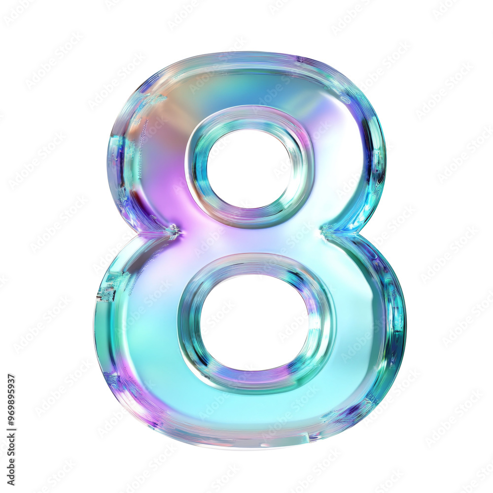 Hologram blue green metallic 8 number alphabet Realistic 3D on white background. Generative AI Hologram blue green metallic 8 number alphabet Realistic 3D on white background. Generative AI