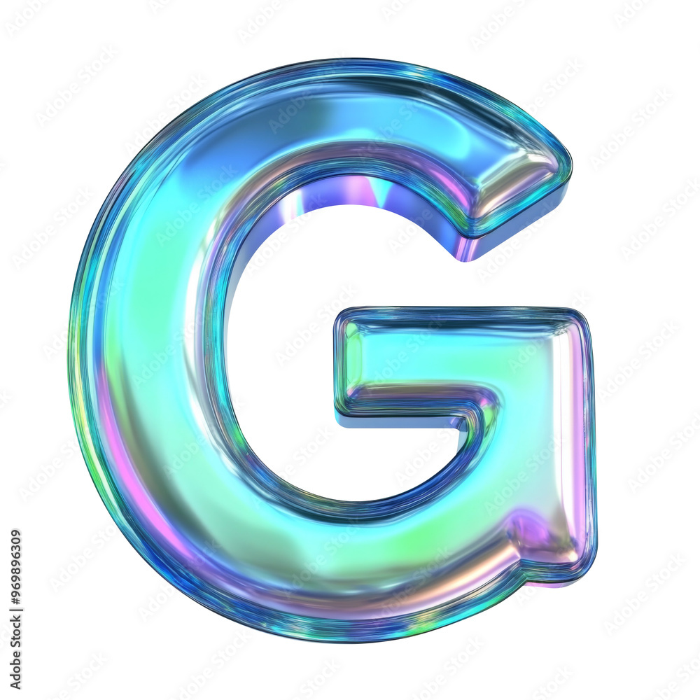 Hologram blue green metallic G alphabet Realistic 3D on white background. Generative AI Hologram blue green metallic G alphabet Realistic 3D on white background. Generative AI