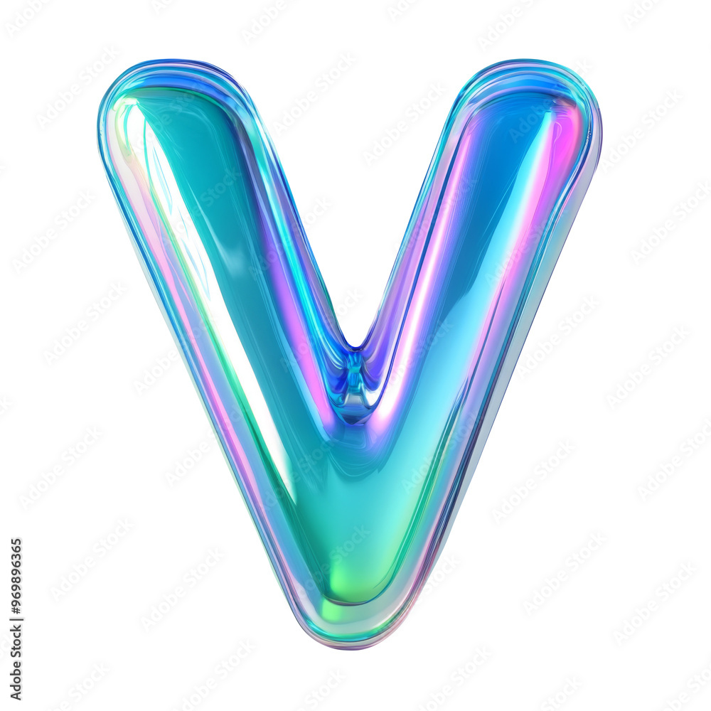 Hologram blue green metallic V alphabet Realistic 3D on white background. Generative AI Hologram blue green metallic V alphabet Realistic 3D on white background. Generative AI