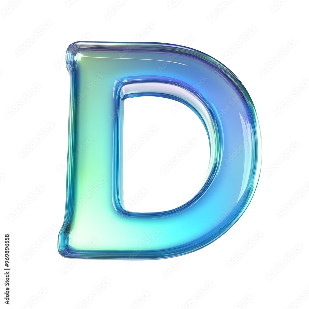 Hologram blue green metallic D alphabet Realistic 3D on white background. Generative AI Hologram blue green metallic D alphabet Realistic 3D on white background. Generative AI