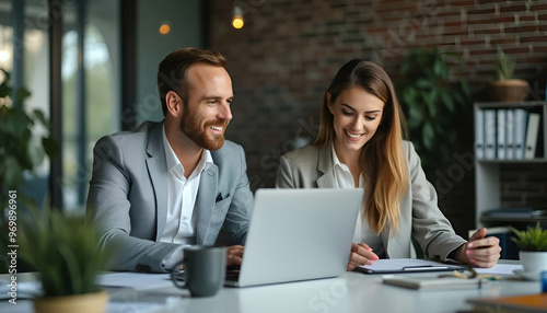 Busy Professional Businessman and Businesswoman Team Collaborating on Financial Project – Executive Leaders Working on Laptop in Office Meeting.