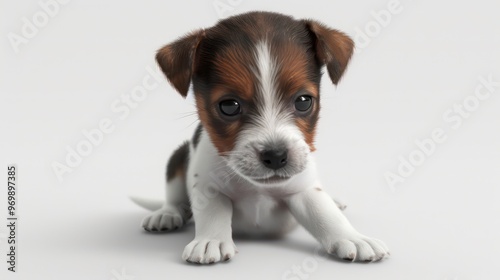 A cute brown and white puppy sits looking at the camera with its tongue out.