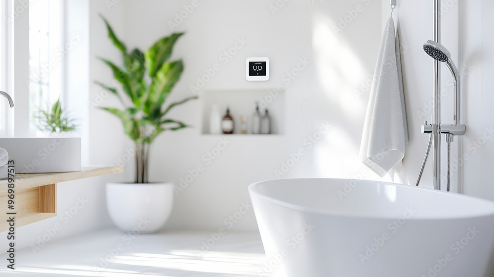 Fototapeta premium A modern, minimalist bathroom featuring a freestanding tub, shower, indoor plant, and wall shelves with stored toiletries. Soft natural light illuminates the space.