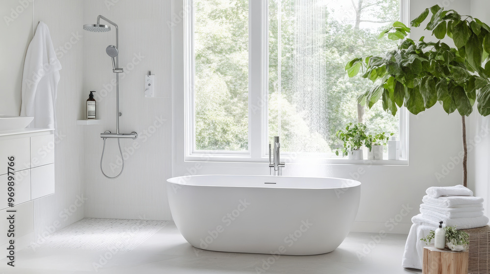 A serene, minimalist bathroom featuring a freestanding bathtub, large windows letting in natural light, a modern shower, plants, and neatly stacked towels. A serene, minimalist bathroom featuring a freestanding bathtub, large windows letting in natural light, a modern shower, plants, and neatly stacked towels.