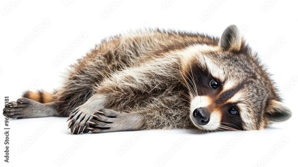 Obraz premium A raccoon with black eyes and a black nose lies on its belly with its paws tucked under its chest, isolated on a white background.