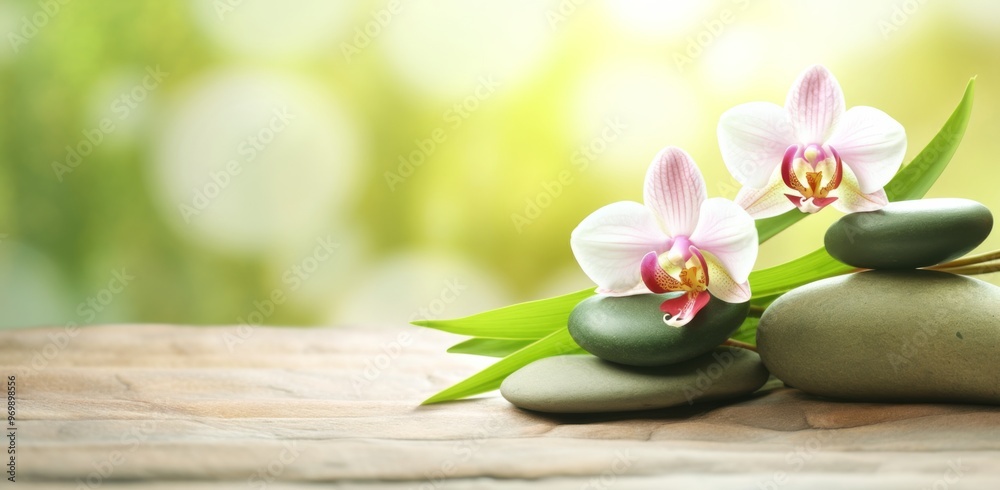 Zen Stones with Orchid and Green Leaves on Spa Table, Banner Background for Wellness Concept, Relaxation Therapy, and Body Care with Copy Space Zen Stones with Orchid and Green Leaves on Spa Table, Banner Background for Wellness Concept, Relaxation Therapy, and Body Care with Copy Space
