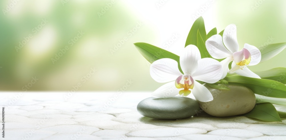 Zen Stones with Orchid and Green Leaves on Spa Table, Banner Background for Wellness Concept, Relaxation Therapy, and Body Care with Copy Space Zen Stones with Orchid and Green Leaves on Spa Table, Banner Background for Wellness Concept, Relaxation Therapy, and Body Care with Copy Space