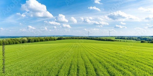 in the springtime, a sunny day in farmland with fields in the foreground and wind turbines in the distance, covered with sporadic clouds