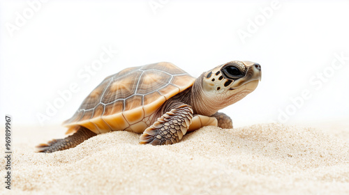 A close-up of a young sea turtle on a sandy beach, showcasing its detailed shell and flippers under natural light.