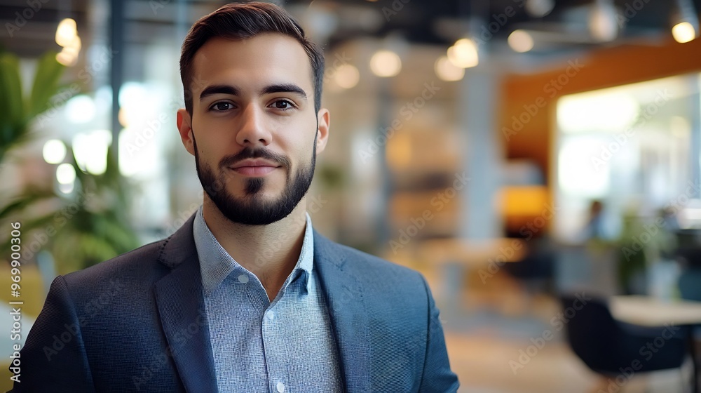 Fototapeta premium Confident young businessman in a blue suit standing in an office setting looking directly at the camera.