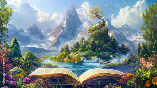 Open book unveiling a vibrant fantasy world with majestic mountains, lush forests, and a tranquil lake, inviting an imaginative journey into a surreal landscape of beauty and adventure