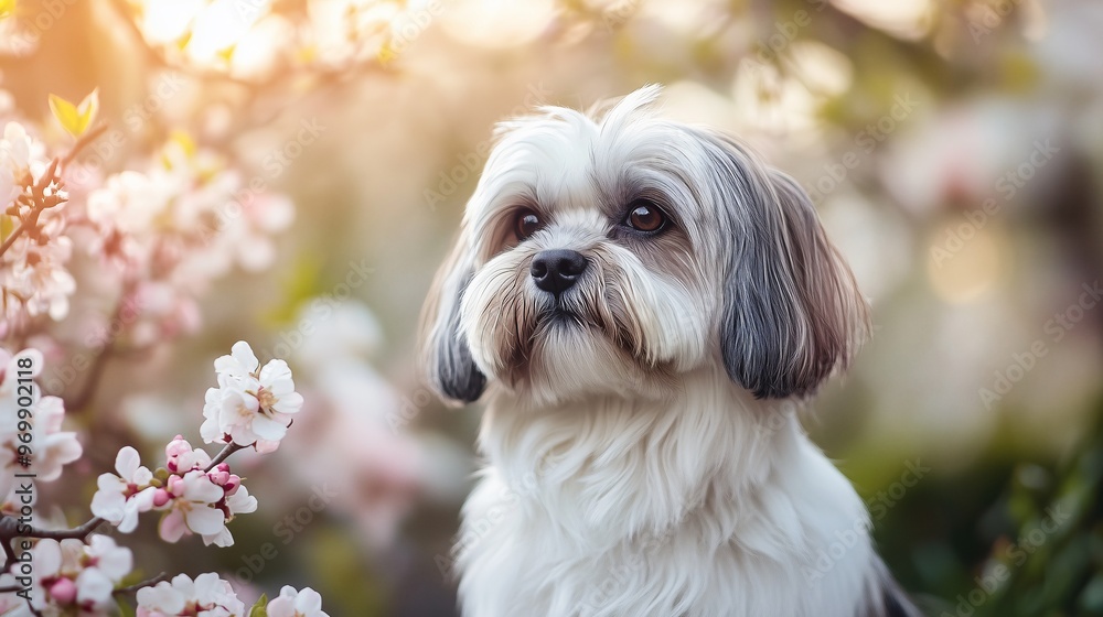 Lhasa Apso Dog with Blossoms in Springtime – Pet Photography in a Beautiful Garden Lhasa Apso Dog with Blossoms in Springtime – Pet Photography in a Beautiful Garden