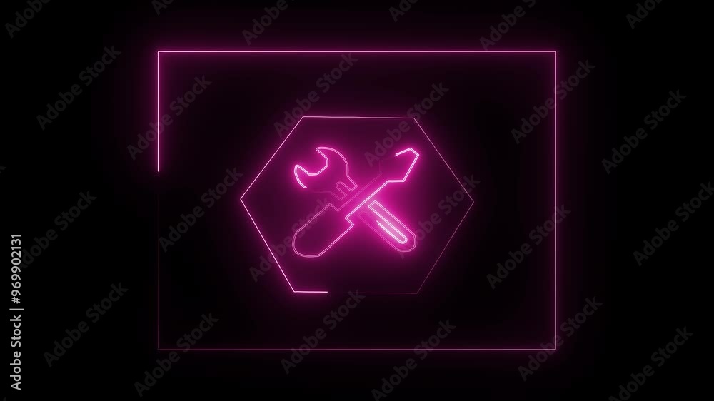 abstract glowing neon line scarlet color hammer crossed icon motion on black background. abstract glowing neon line scarlet color hammer crossed icon motion on black background.