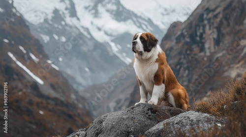 Majestic St. Bernard Dog in a Scenic Mountain Landscape – Outdoor Adventure and Pet Photography