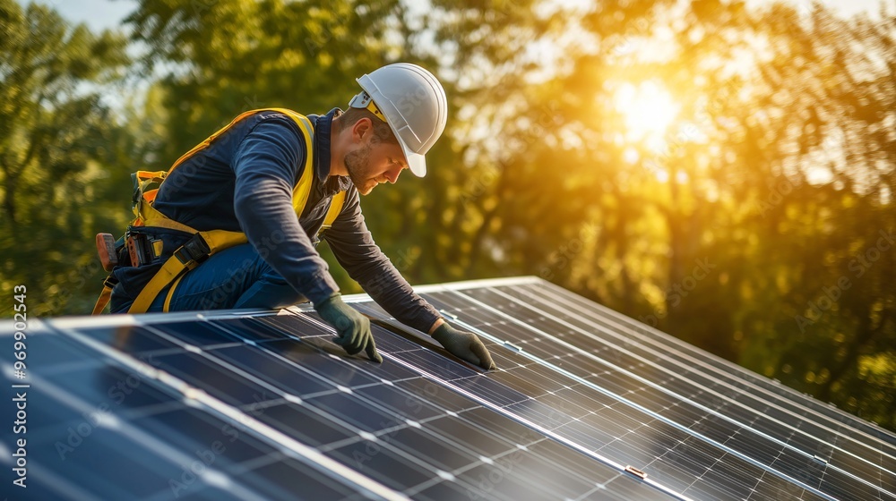 Technician Installing Solar Panels on Roof at Sunset – Renewable Energy and Solar Installation Technician Installing Solar Panels on Roof at Sunset – Renewable Energy and Solar Installation