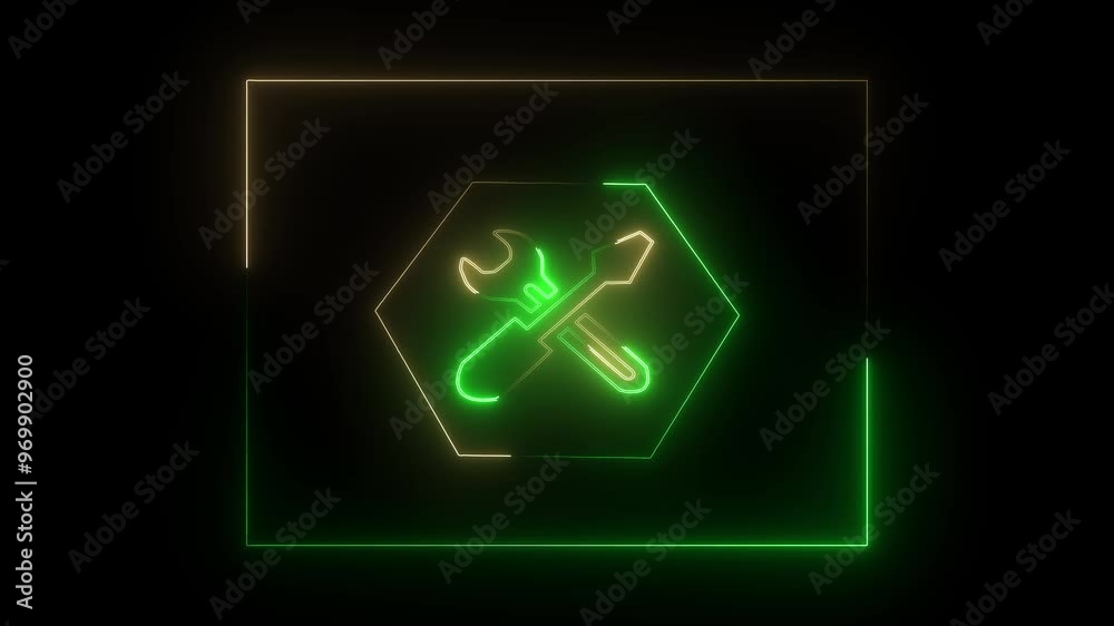 glowing neon line crossed and hammer icon animation yellow green color on dark background. glowing neon line crossed and hammer icon animation yellow green color on dark background.