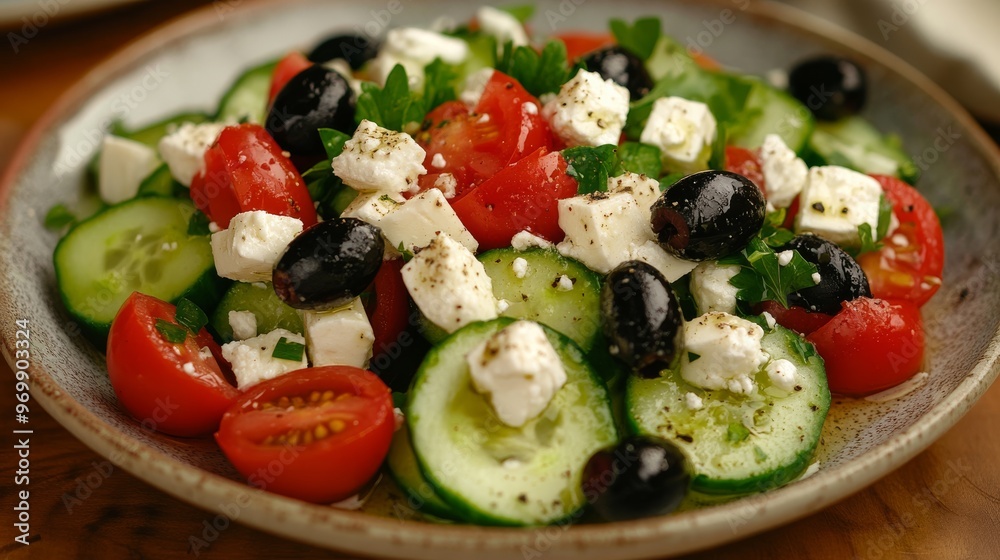 Close-up of a Greek Salad with Feta Cheese, Tomatoes, Cucumber, and Olives, Mediterranean Cuisine, Healthy Salad, Greek Salad Close-up of a Greek Salad with Feta Cheese, Tomatoes, Cucumber, and Olives, Mediterranean Cuisine, Healthy Salad, Greek Salad