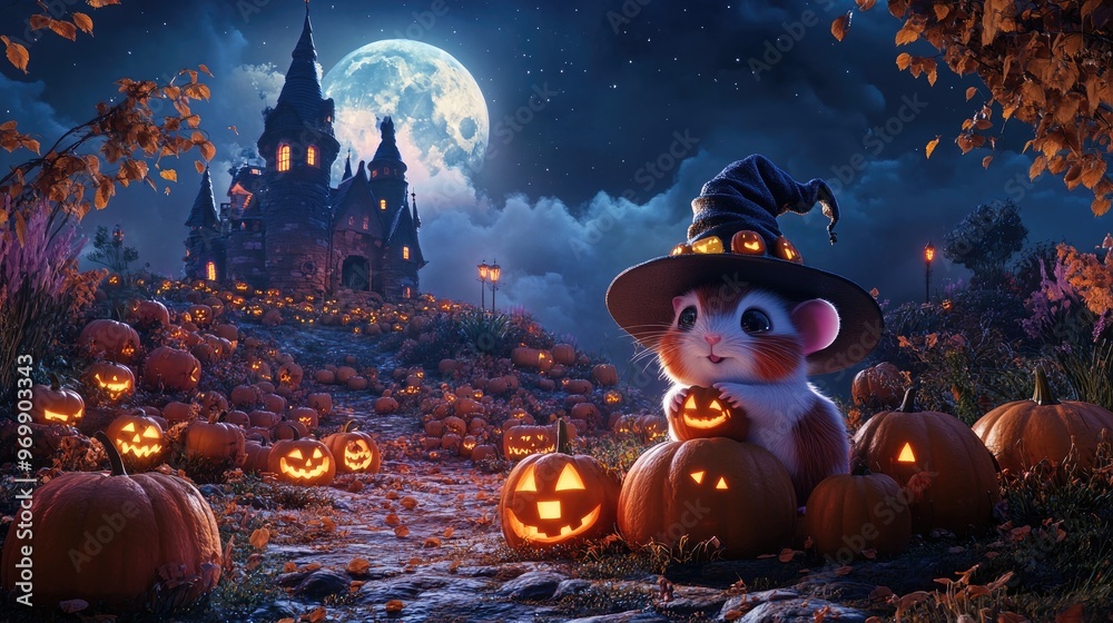 Fototapeta premium Cute Hamster in Witch Hat with Jack-o-Lanterns.