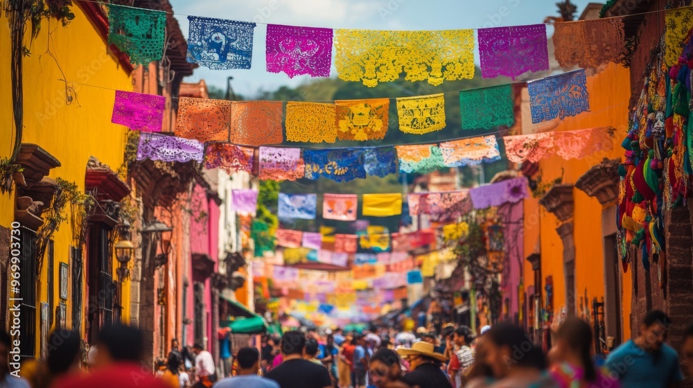 Obraz premium Colorful Paper Flags Decorating a Street in Mexico