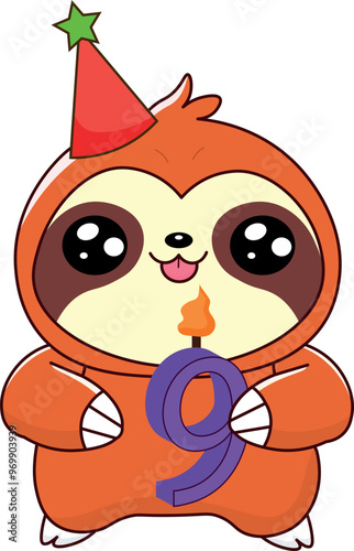 cute sloth holding birthday candle, with number 9