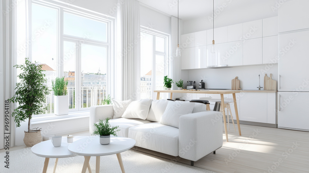 Fototapeta premium A bright and modern open-plan living space with white furniture, tall windows, and a minimalistic kitchen. Indoor plants add a natural touch.