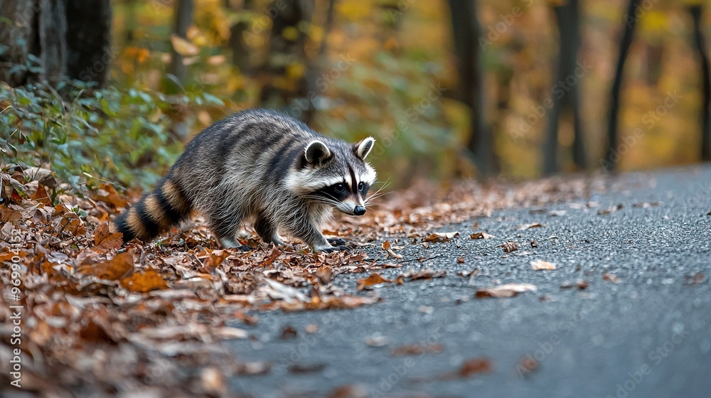 Naklejka premium A raccoon traverses a roadside forest with leafy flooring and tree-lined backdrop