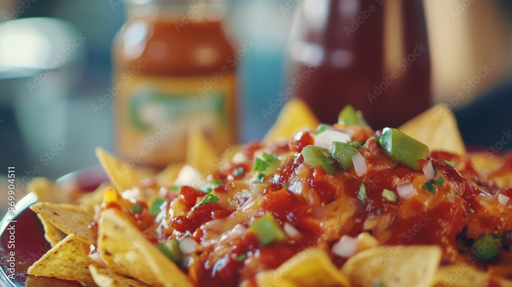 Close-up of Cheesy Nachos with Salsa and Green Peppers, Food Photography, Nachos, Salsa, Mexican Food Close-up of Cheesy Nachos with Salsa and Green Peppers, Food Photography, Nachos, Salsa, Mexican Food