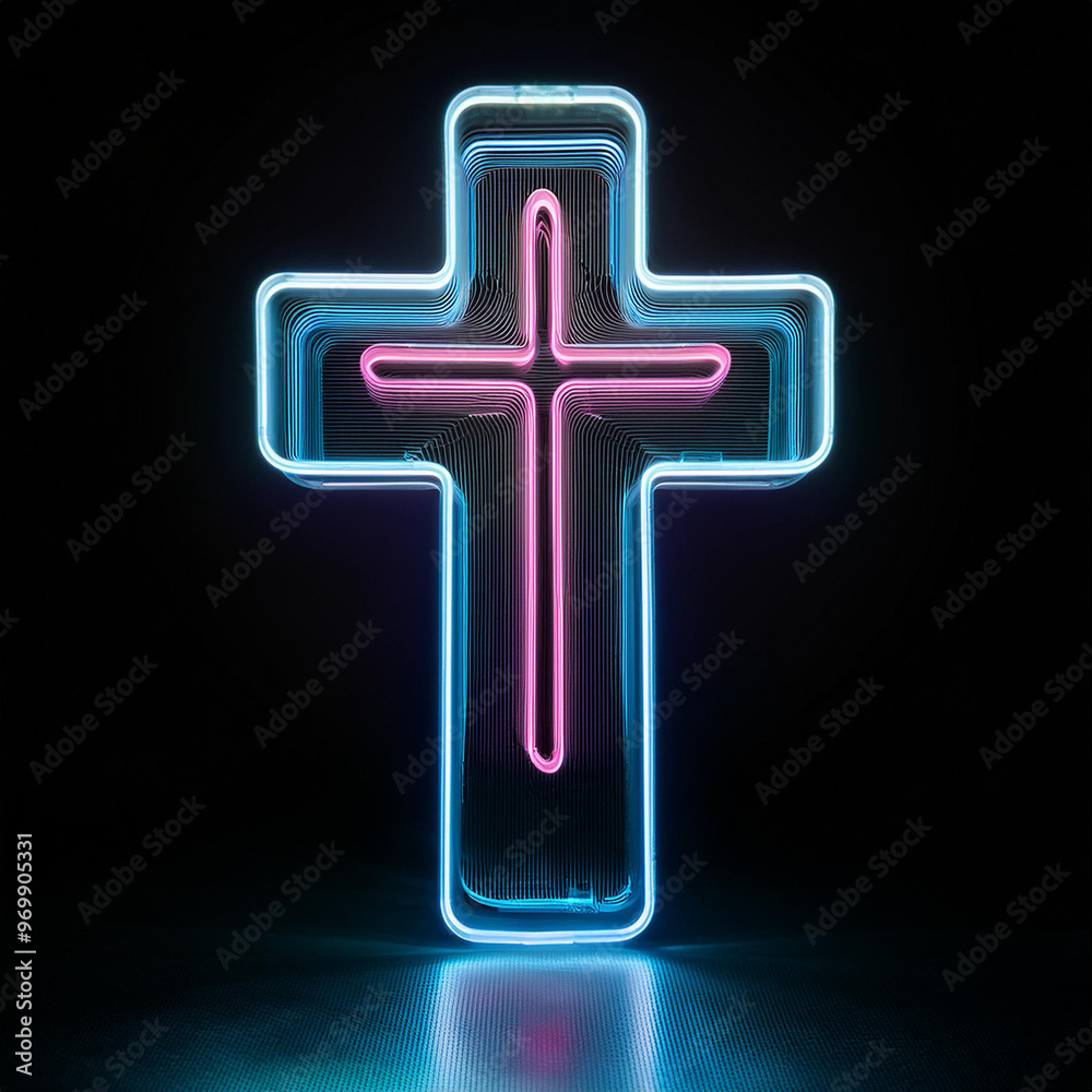 Fototapeta premium Orthodox cross with neon illumination on a dark background