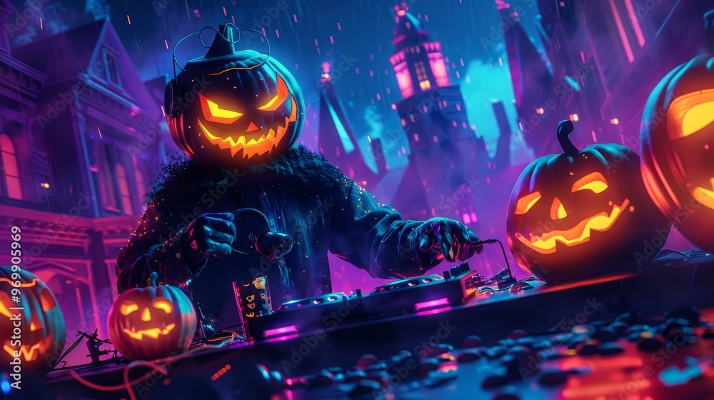 A vibrant Halloween scene featuring a DJ with glowing pumpkin heads, colorful lights, and a spooky atmosphere. A vibrant Halloween scene featuring a DJ with glowing pumpkin heads, colorful lights, and a spooky atmosphere.