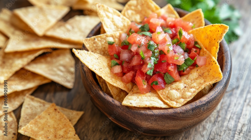 Close-up of Tortilla Chips with Pico de Gallo in a Wooden Bowl, Wooden Background, Mexican, Food, Appetizer Close-up of Tortilla Chips with Pico de Gallo in a Wooden Bowl, Wooden Background, Mexican, Food, Appetizer