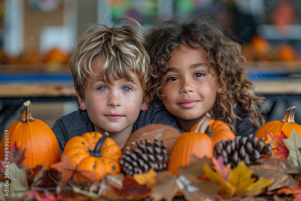 Fototapeta premium Young children celebrate autumn with pumpkins and decorations in a cozy classroom setting during fall festivities