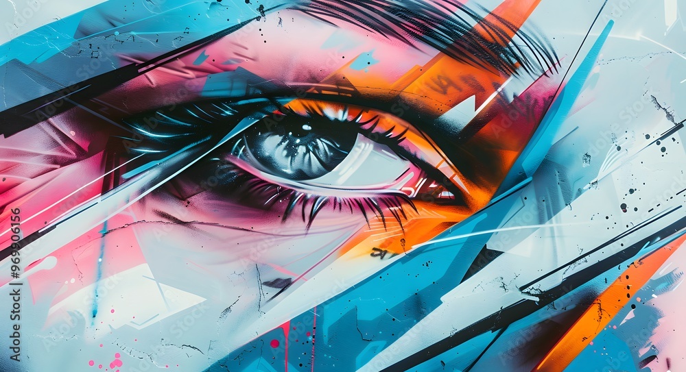 Obraz premium Abstract fashion illustration of eye with creative makeup, graffiti on wall.
