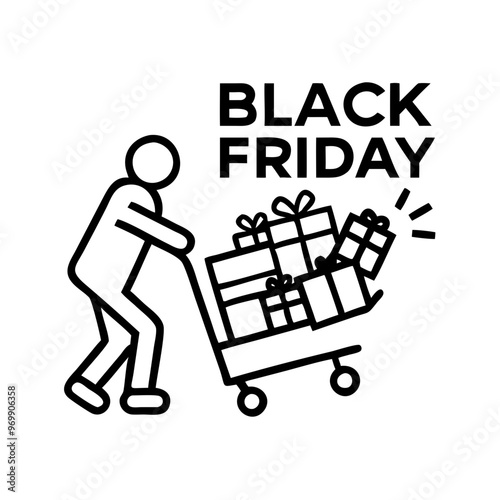 Black Friday Sale with Shopper Pushing Overloaded Cart and Carrying Extra Bags, AI Generation