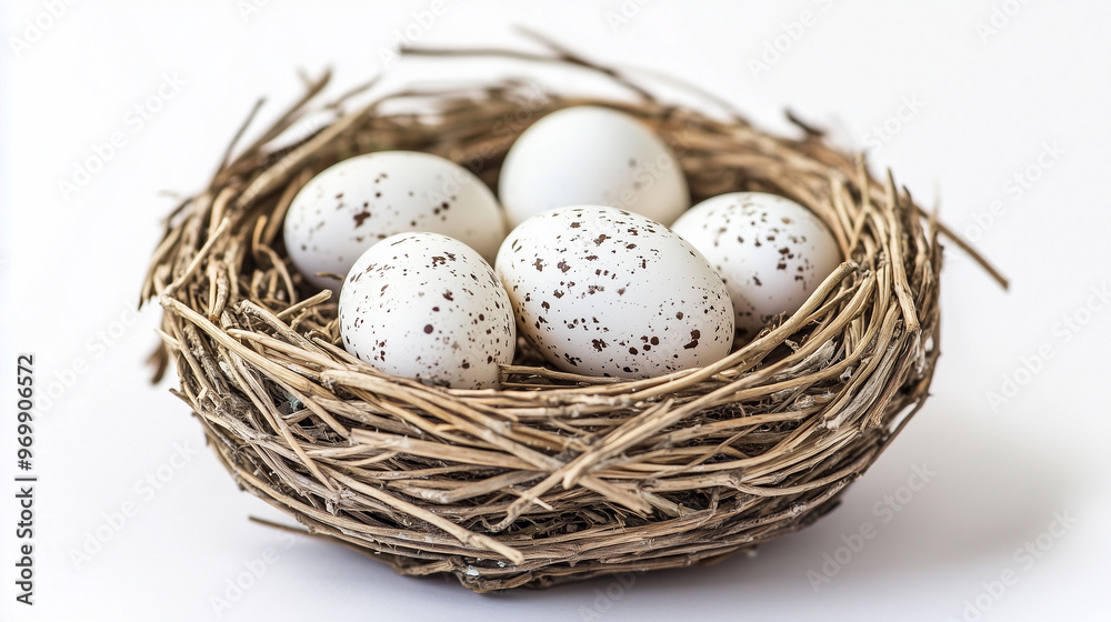 A close-up of a bird's nest with five speckled eggs, set against a clean white background. The nest is constructed from intertwined twigs and straw, conveying a sense of natural simplicity. A close-up of a bird's nest with five speckled eggs, set against a clean white background. The nest is constructed from intertwined twigs and straw, conveying a sense of natural simplicity.