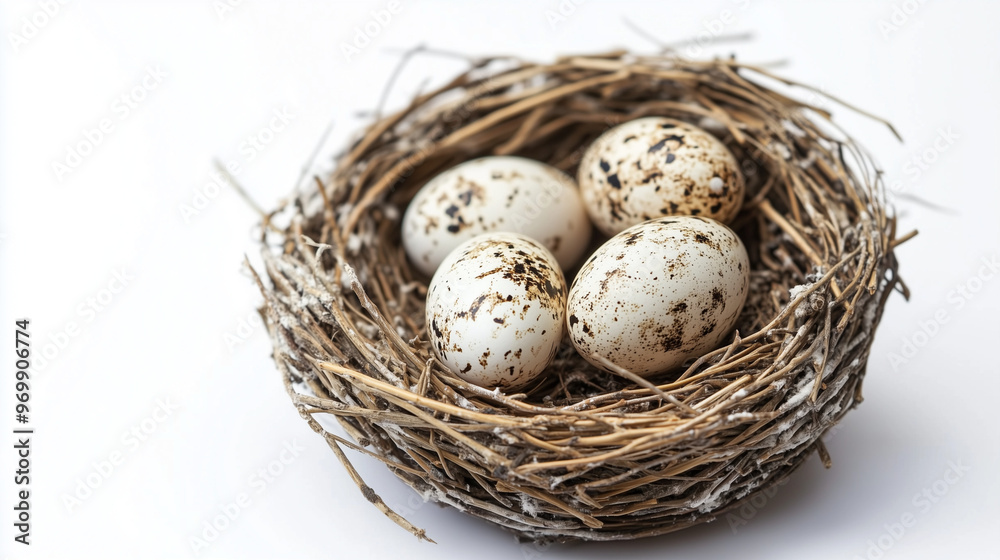 Close-up of a bird's nest with four speckled eggs, set against a white background, showcasing a natural and serene setting. Close-up of a bird's nest with four speckled eggs, set against a white background, showcasing a natural and serene setting.