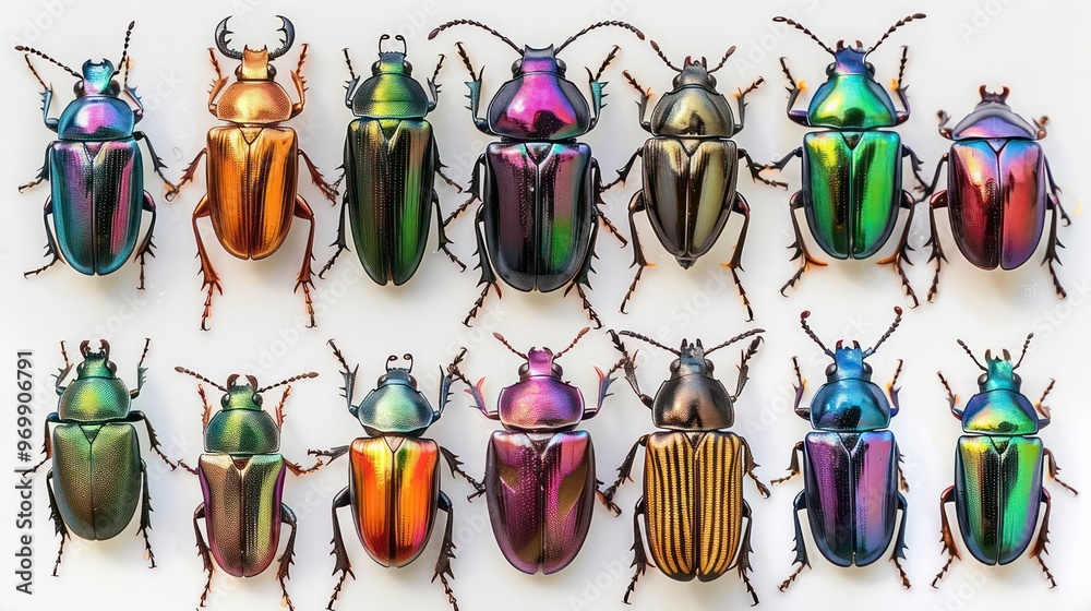 Fototapeta premium Collection of iridescent beetles with different colors and patterns, isolated on white background.