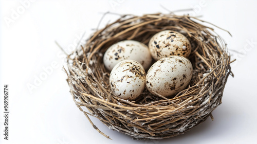 Close-up of a bird's nest with four speckled eggs, set against a white background, showcasing a natural and serene setting.