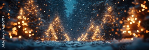 winter wonderland, experience the enchantment of a snowy night in a forest filled with sparkling christmas trees snowflakes add a magical touch, turning the scene into a winter wonderland photo