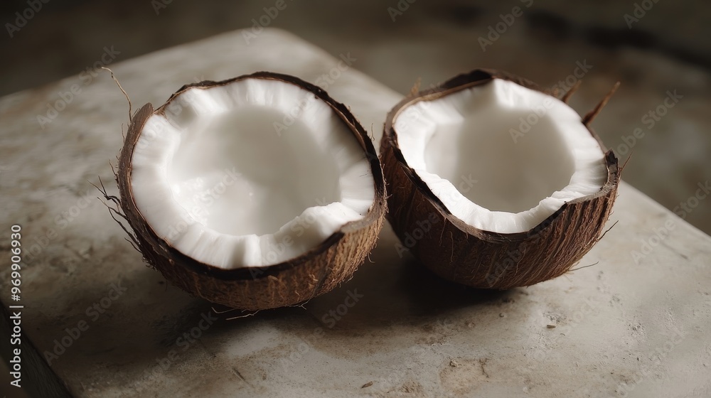 Cracked Coconut Halves on a Rustic Surface, Food Photography, Tropical Fruit, Coconut, Food Cracked Coconut Halves on a Rustic Surface, Food Photography, Tropical Fruit, Coconut, Food